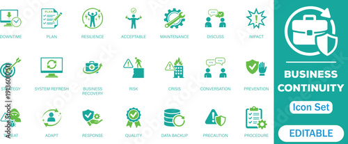  Business continuity icon set. featuring risk management, crisis response, disaster recovery, resilience, prevention, data backup, maintenance, operational planning and more icons.
