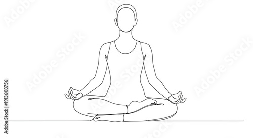 Woman Meditating in Lotus Position on White Background, Line Art Illustration