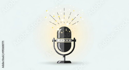 Black Microphone with Sparkling Lights Isolated on White Background