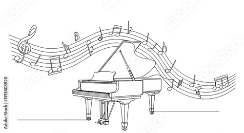 Grand Piano with Musical Notes Illustration on White Background