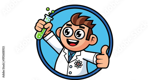 Cartoon Scientist Character Holding Test Tube Giving Thumbs Up.