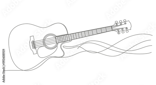 Continuous Line Drawing of Acoustic Guitar on White Background
