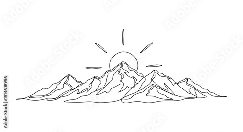 Mountain Range with Rising Sun Line Art Illustration