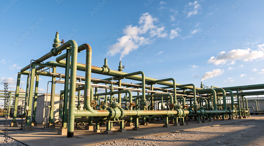 Naklejka premium Industrial pipeline system with green pipes and valves. Chemical plant or refinery exterior with steam rising against blue sky. Energy industry concept