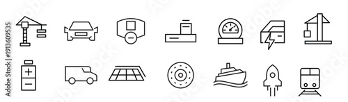 Electric Vehicle line icon set. EV, electric socket station, car plugged, battery, technology, home car charging, power station, taxi, road, race, automobile line icon set. Ui thin line icon pack.