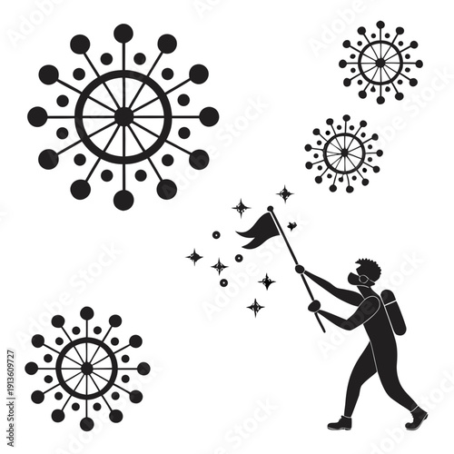 A person spraying a wand with stars and germs floating around