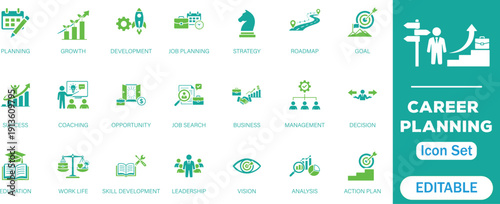 Career Planning Icon Set. Modern Glyph Icons for action plan, Success Roadmap, Skill Development, Job Search, Coaching, and Business Leadership Concepts.
