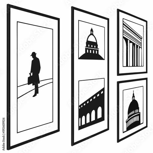 Black and white image of man looking at framed pictures of landmarks