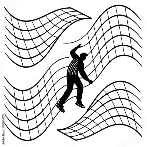 A man struggles to stay on a wavy net