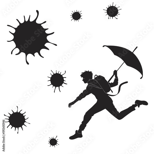 A person runs from virus particles with an umbrella