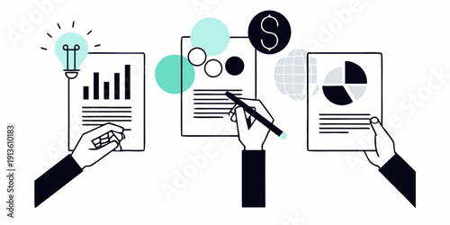 Financial planning and data analysis concept with hands and charts