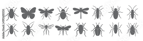  sixteen gray insect silhouettes collection butterfly beetle