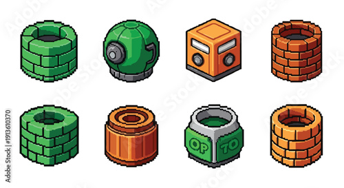 Eight isometric pixel art objects, including pipes, containers, and mechanical elements, rendered with a vibrant, retro game aesthetic.
