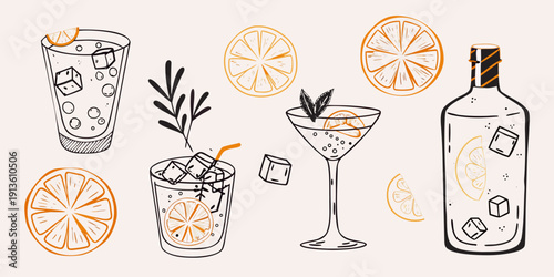 A hand drawn composition of citrus fruits and various cocktail glasses