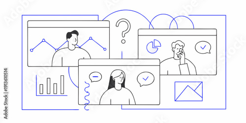 Illustration of people in virtual meetings and problem solving scenarios