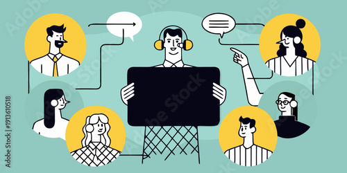 Diverse group communicating with a central figure holding a screen