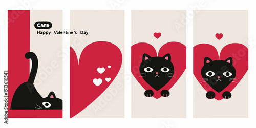 Four panels featuring black cats and red hearts for valentine s day