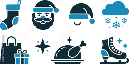 A cheerful set of two tone blue Christmas and winter icons for seasonal celebrations