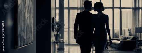 Elegant Couple in Luxury Apartment Embracing Soft Daylight and Stylish Interior Design