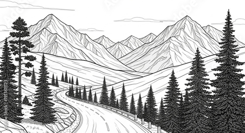 Serene mountain landscape with winding road and pine trees.