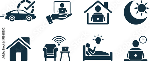 A collection of dark blue icons illustrating various aspects of modern remote work and home life