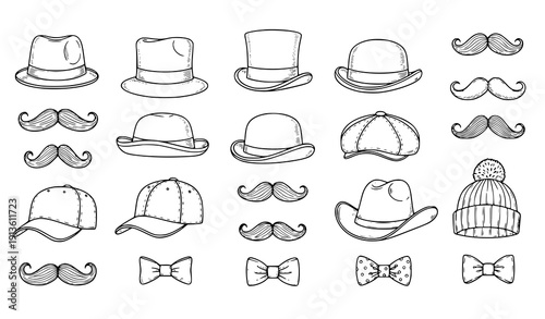 Mens hat mustache and bow tie doodle set with gentleman fashion accessory icons vector illustration