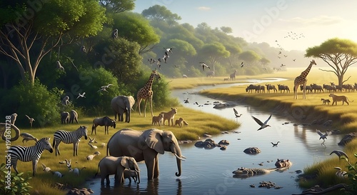 Serene african savannah scene with diverse wildlife gathering at a tranquil riverbank during sunrise