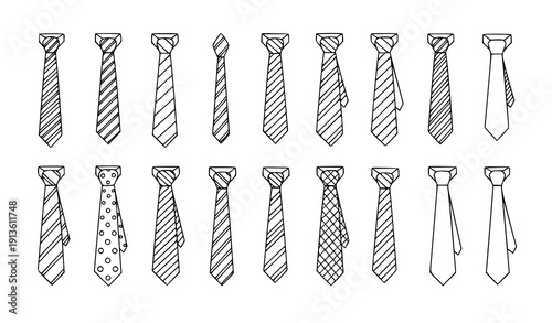Hand drawn necktie doodle set with classic mens tie variations vector illustration