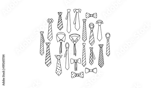 Mens necktie doodle symbol set with formal tie silhouette variations vector illustration