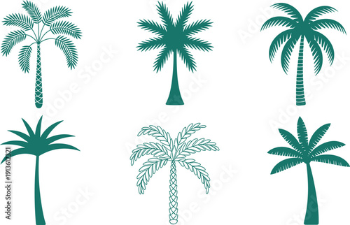 Tropical Palm Tree Silhouette Collection Summer Beach Nature Flat Vector Illustration Set
