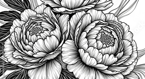 Detailed black and white illustration of peonies and leaves.