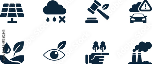 A collection of eight environmental icons shows concepts like solar energy pollution and ecological protection