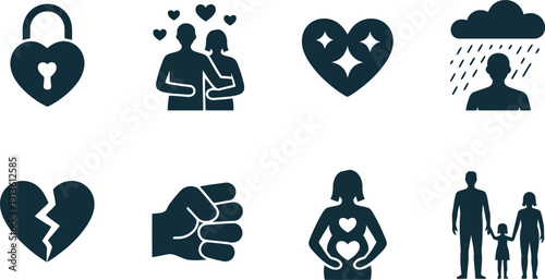 A collection of flat icons representing love, family, and emotional challenges