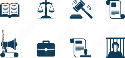A collection of legal themed flat icons showing law, justice, and official processes