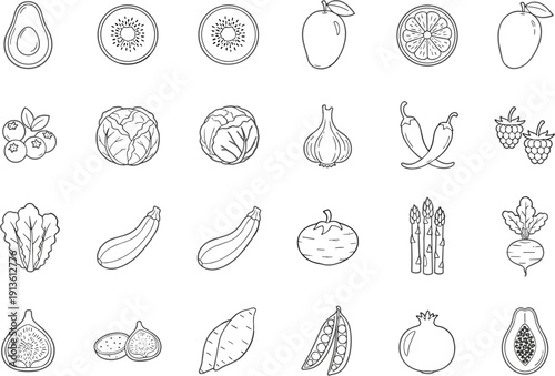 Hand Drawn Fruits and Vegetables Outline Set with Avocado Kiwi Cabbage Garlic Banana and Asparagus Vector Illustration Collection