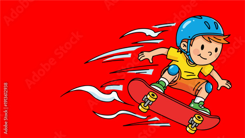 Cartoon Boy Speeding on Skateboard with Protective Gear on Bright Red Background