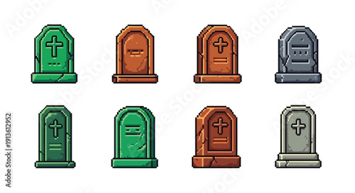 A collection of pixel art gravestones and tombstones in various colors and designs, perfect for game assets or spooky themes.