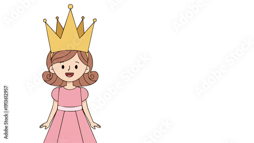 Cute Cartoon Princess with Golden Crown Isolated on White Background