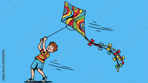 Happy Young Boy Flying a Colorful Diamond Kite on a Bright Blue Sky Day