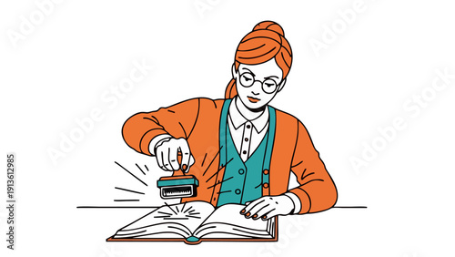Professional Woman Stamping Official Document or Book with Approval Seal Illustration