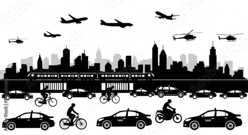 City transportation montage with airplanes trains cars and bicycles.