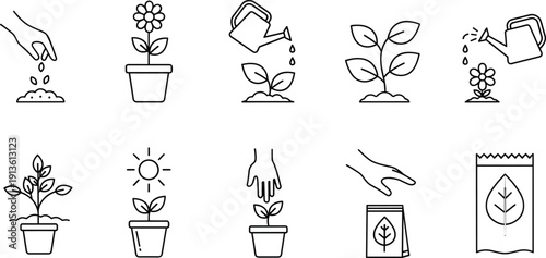 Vector line icon set of gardening and plant growth featuring sowing seeds, watering cans, potted flowers, and fertilizer bags for nature projects.