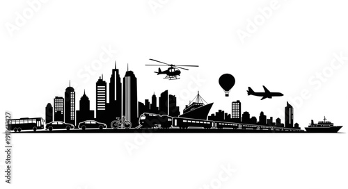 Cityscape silhouette with transportation and buildings.