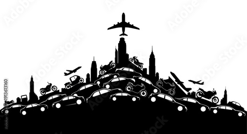 Cityscape Silhouette with Transportation and Buildings.