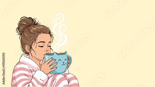 Cozy Morning Vibes Woman in Bathrobe Sipping Steaming Cat Mug