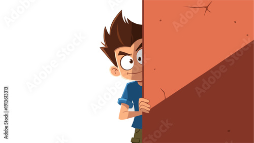 Sneaky Cartoon Boy Peeking from Behind a Large Red Wall or Obstacle