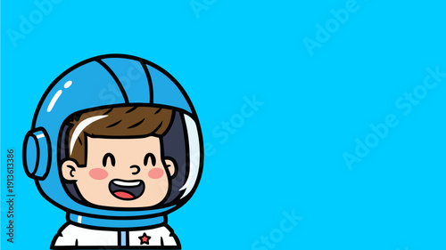 Cute Cartoon Astronaut Boy Character in Blue Space Helmet on Bright Background with Copy Space