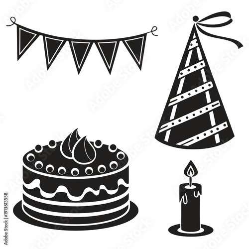 A black and white image of birthday decorations