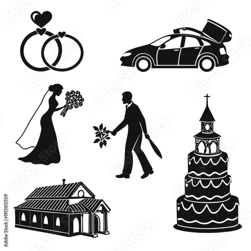 Wedding icons including rings and cake
