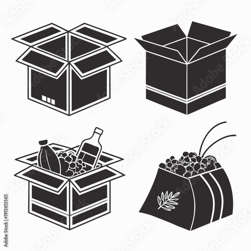 Four illustrations of boxes and a bag filled with items